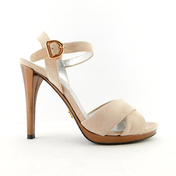 PRADA Blush Suede Crisscross Strap Bronze Heel Pumps 39 - Picture 1 of 11